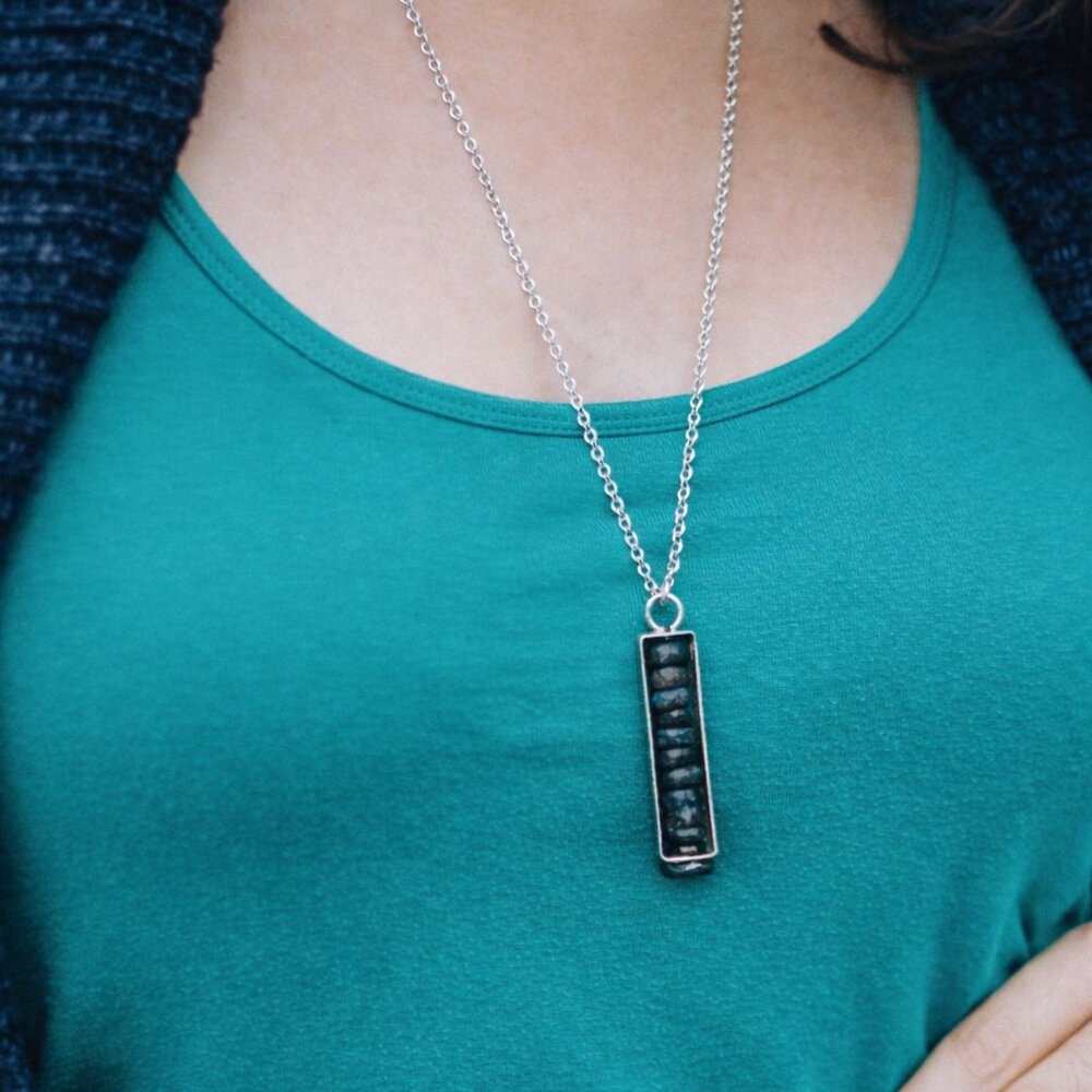 ANJU Banjara Necklace • Antiqued Silver + Labradorite, 0.25″ x 1.75″ Pendant, 30